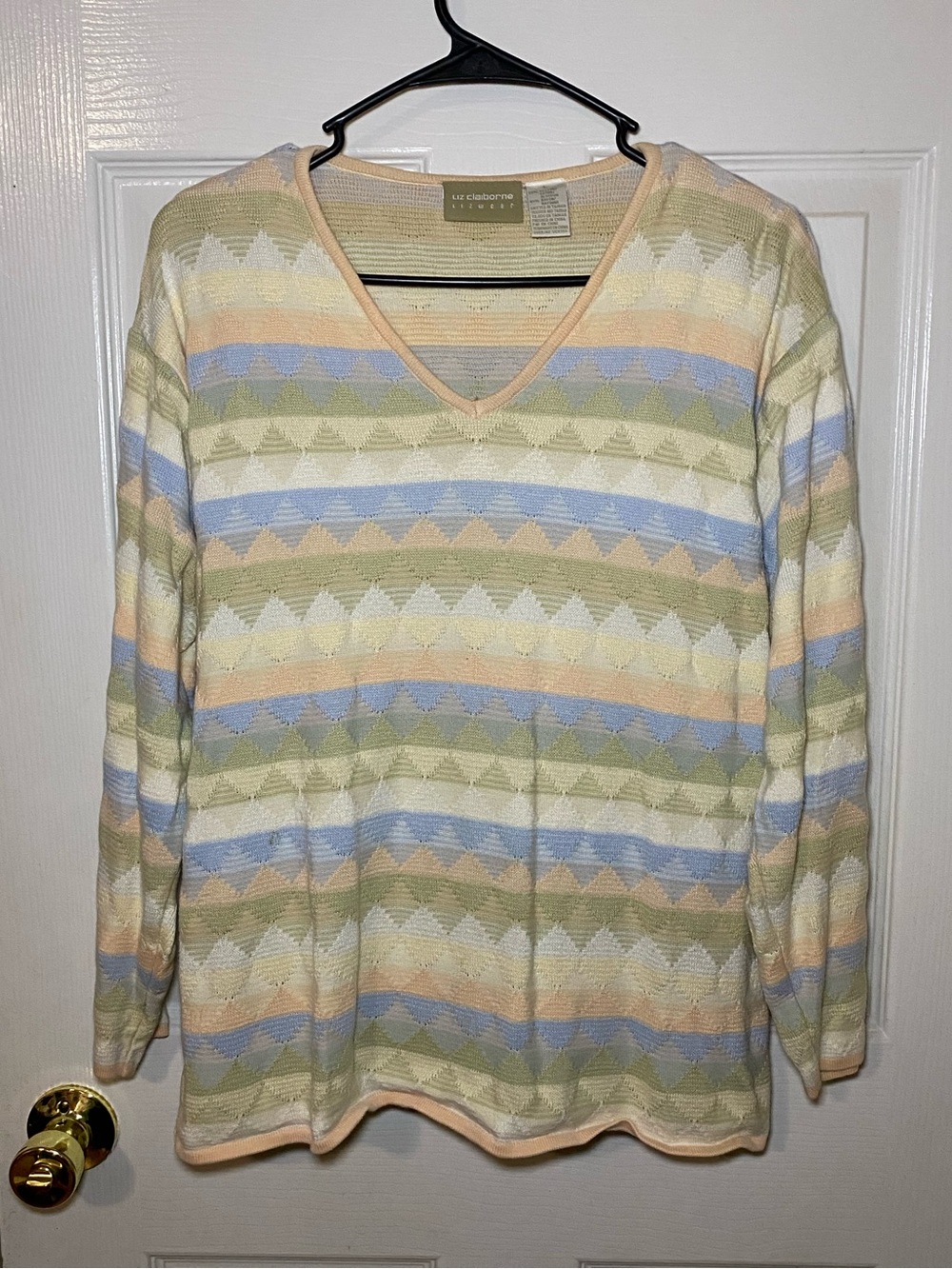 Vintage Liz Claiborne Pastel Striped V-Neck Sweater — Blue, Green, Peach, Cream